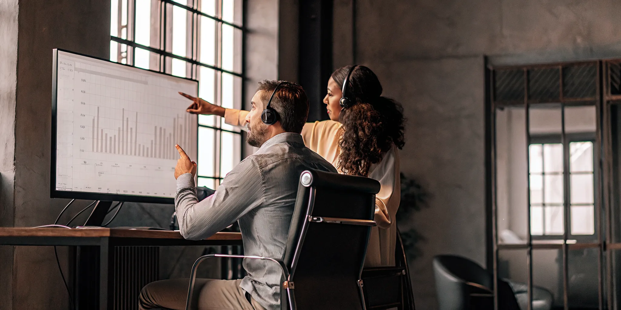 Call center manager coaching an agent using performance metrics displayed on a monitor