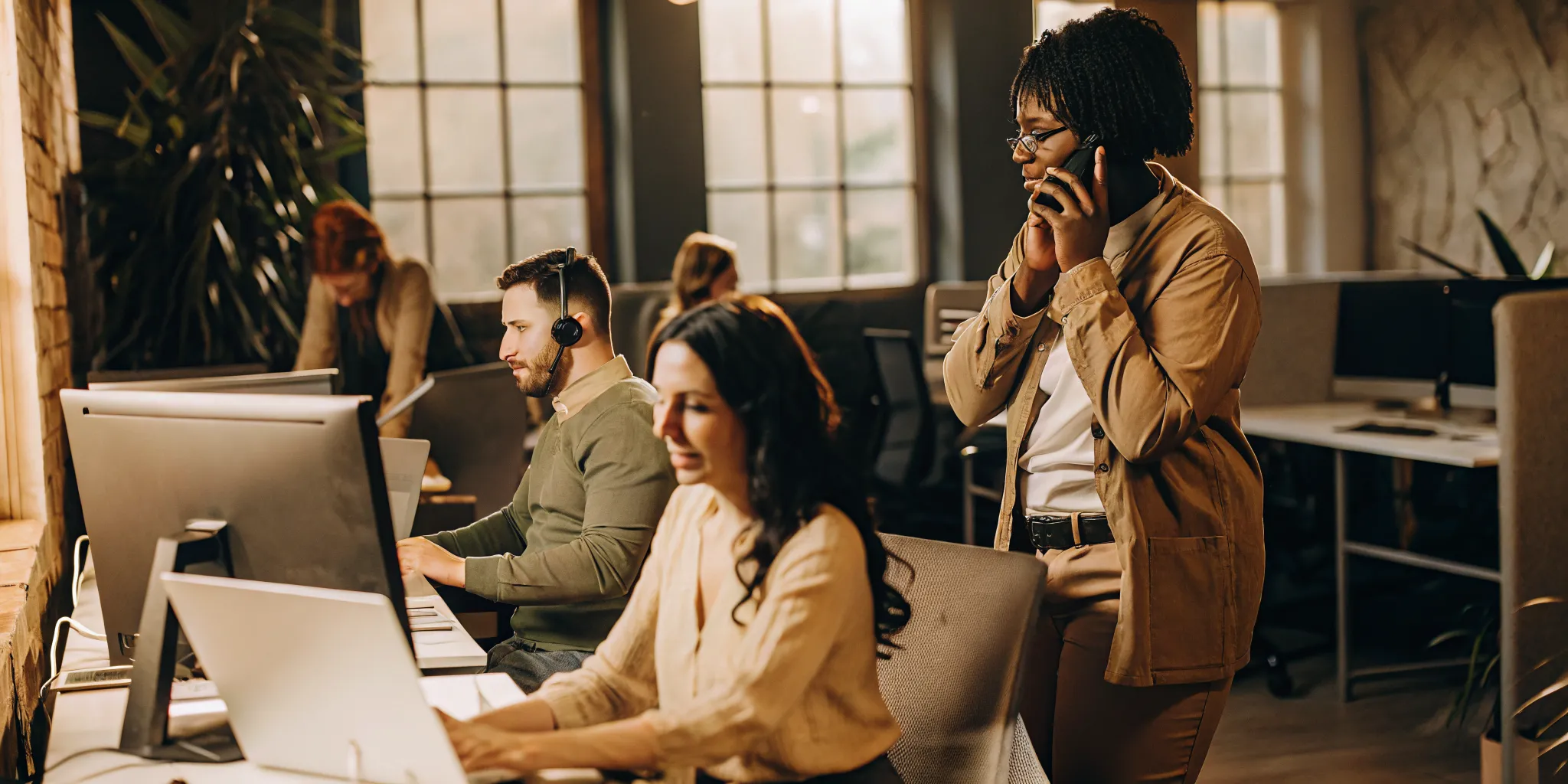 Contact center team collaborating on performance metrics in a modern workspace