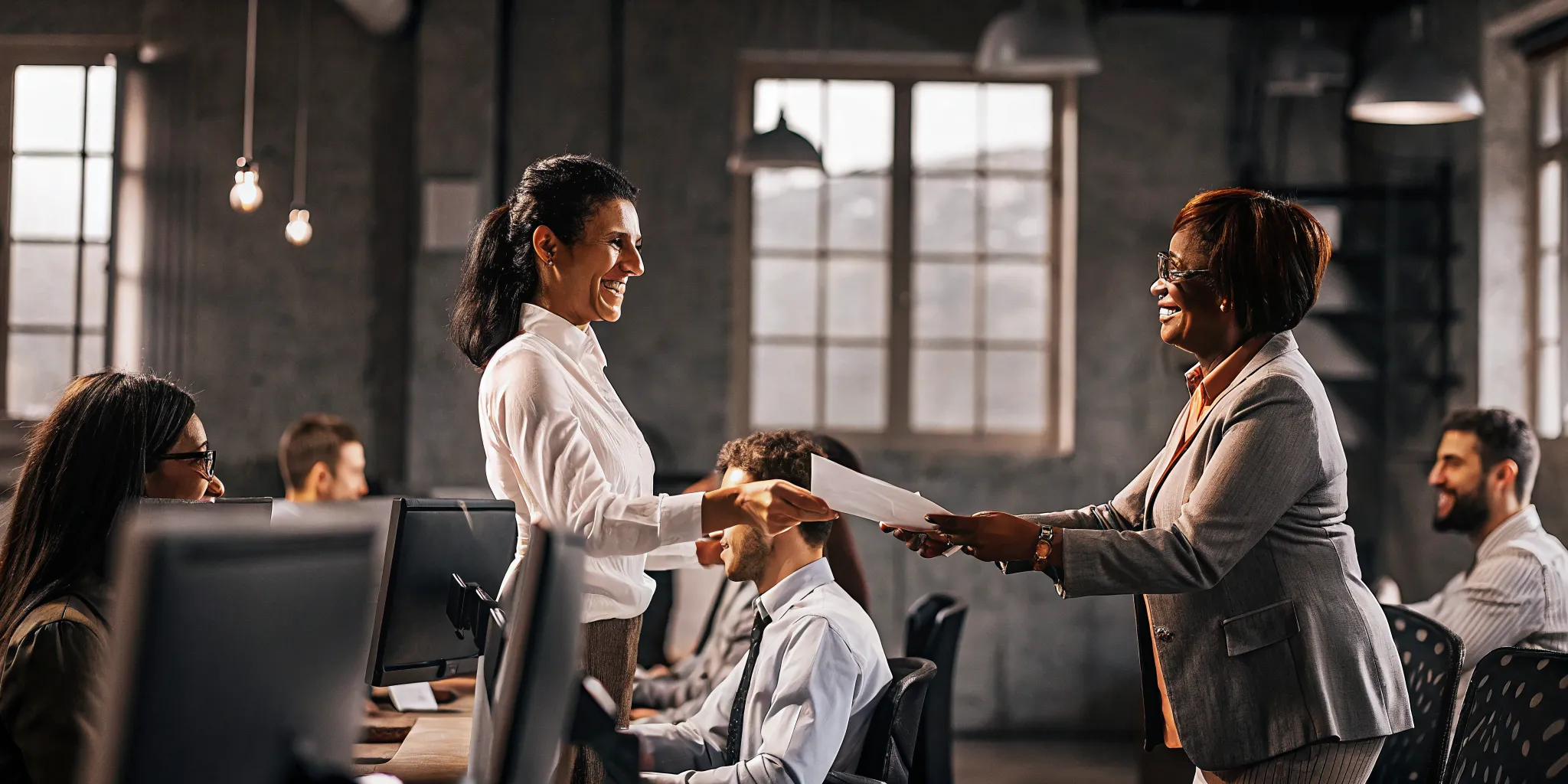 Contact center supervisor presenting recognition to an agent while colleagues look on