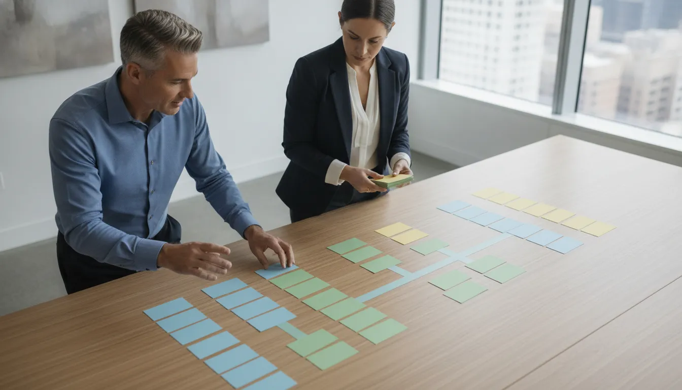 Operations leaders mapping skills, workflows, and outcomes during a learning needs analysis