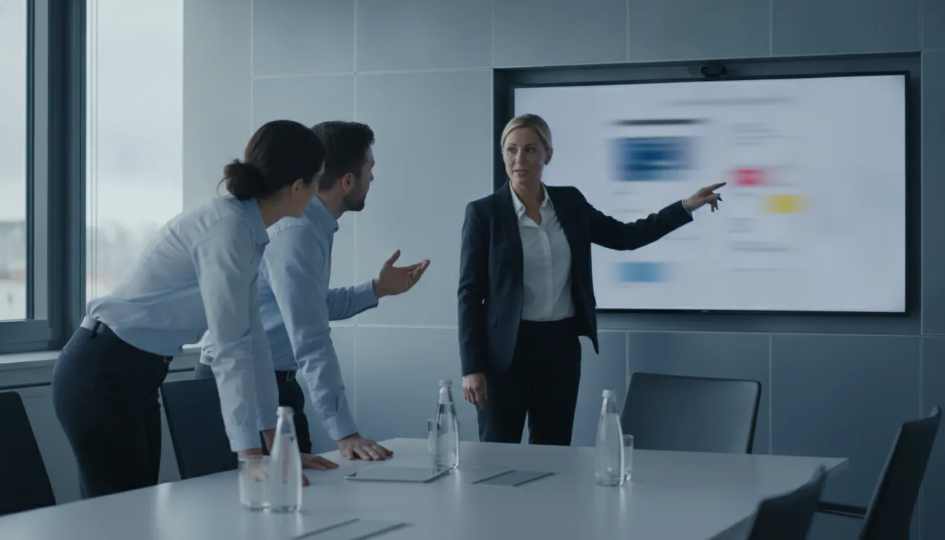 Operations leader reviewing workflow metrics with an outsourced back-office team in a professional meeting room