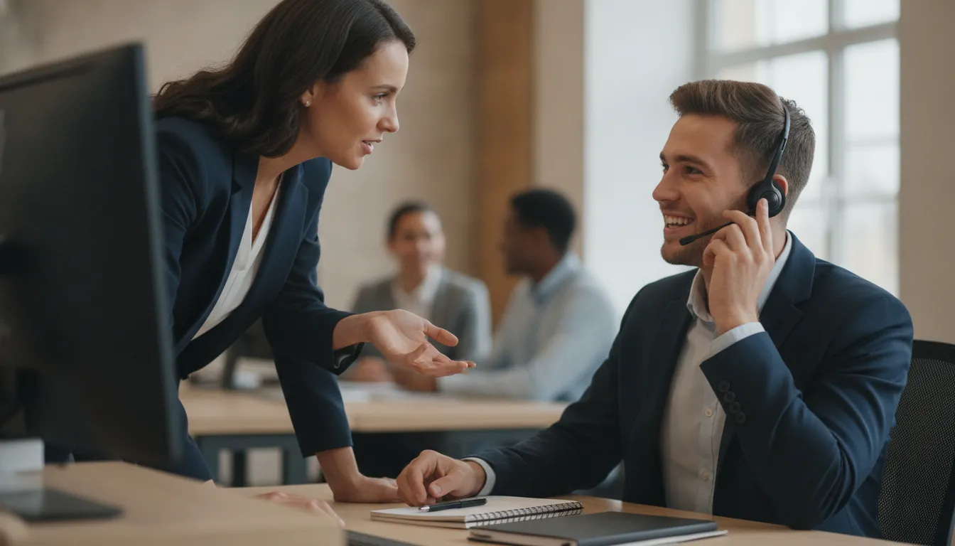 A quality coach giving supportive, constructive feedback to an agent at their desk