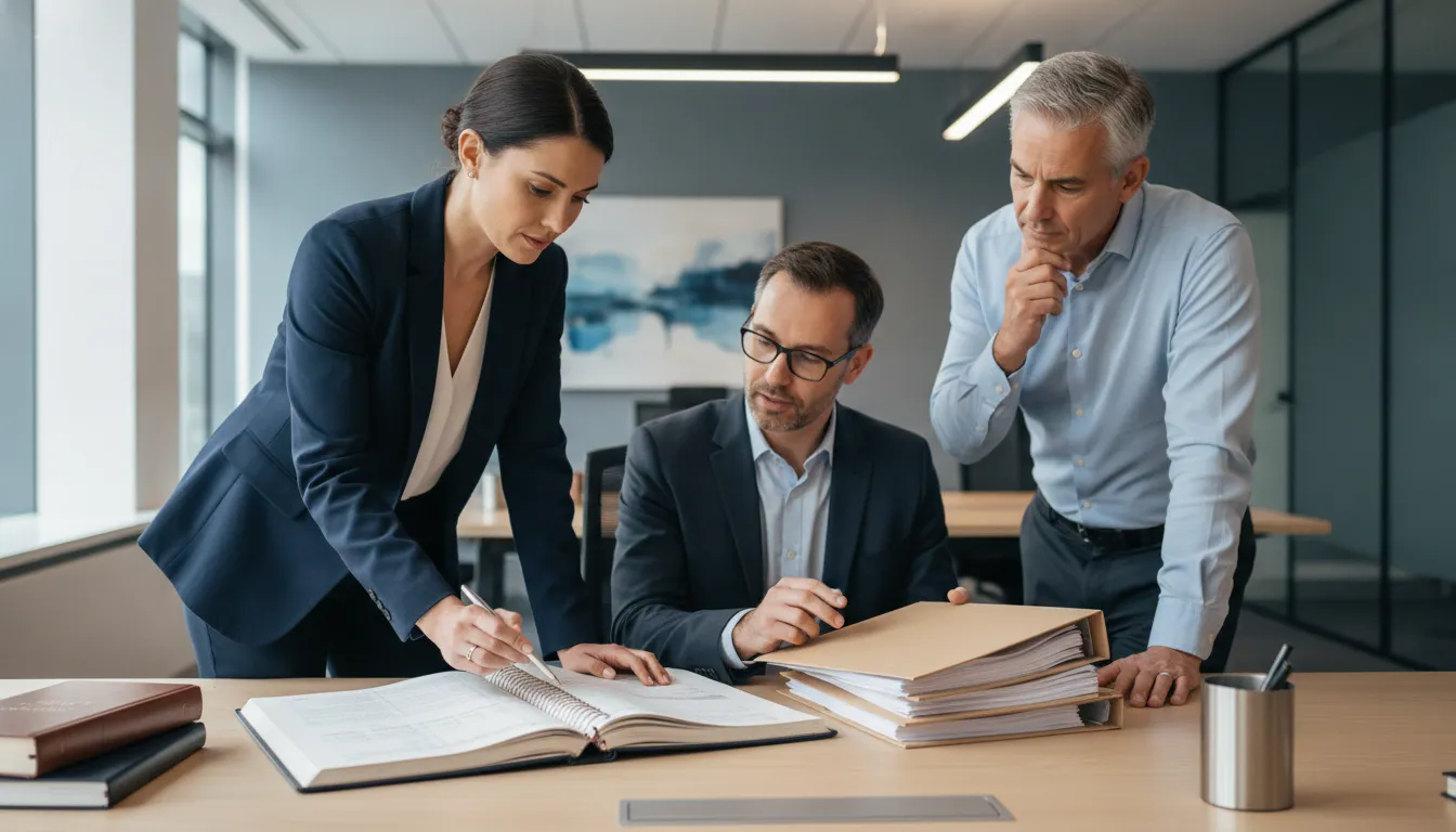 Claims quality auditor reviewing a claim record in a professional insurance operations office