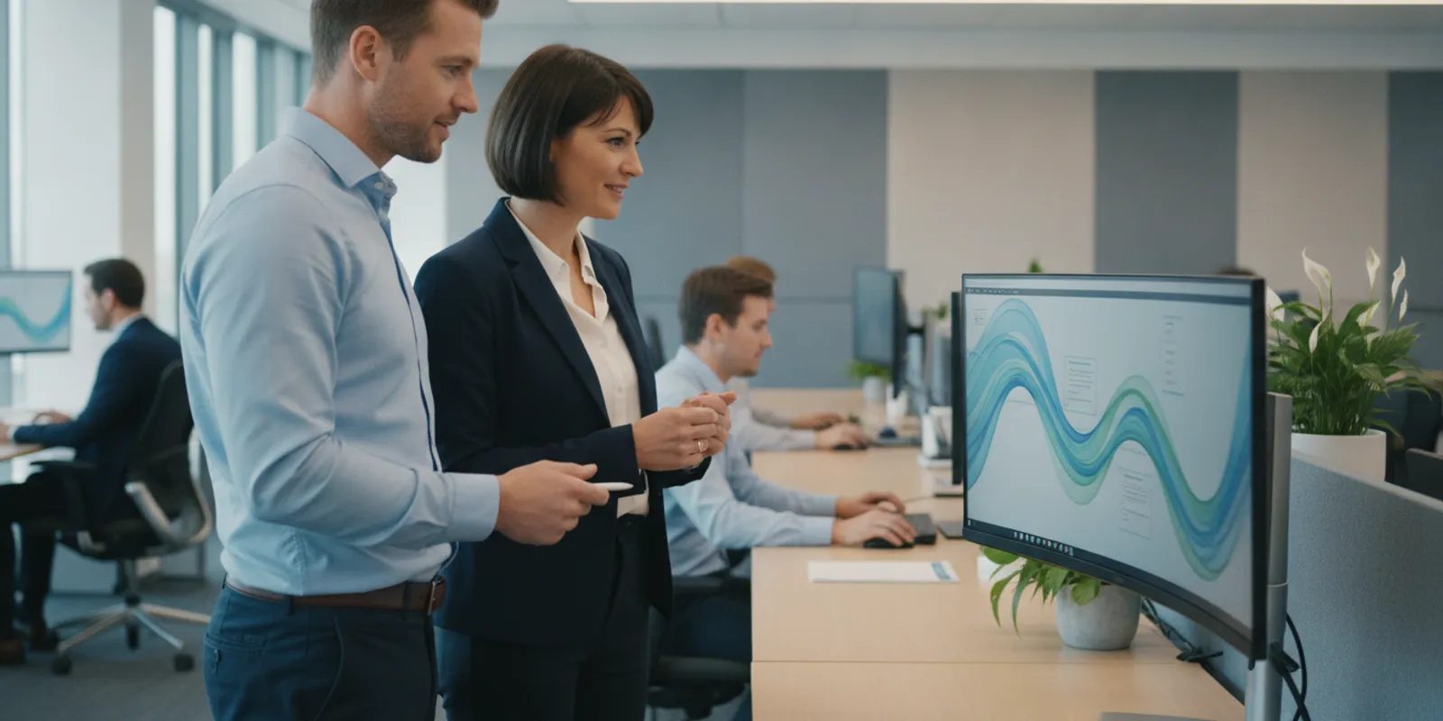 Contact centre leader reviewing a claims coaching workflow with an adjuster at a workstation