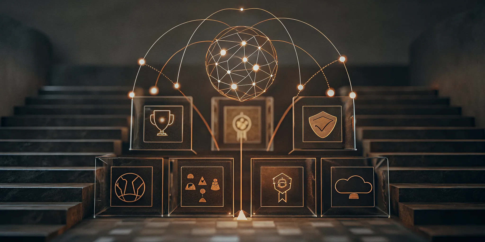 AI-powered integrated knowledge and learning management system icons connected by a digital network.
