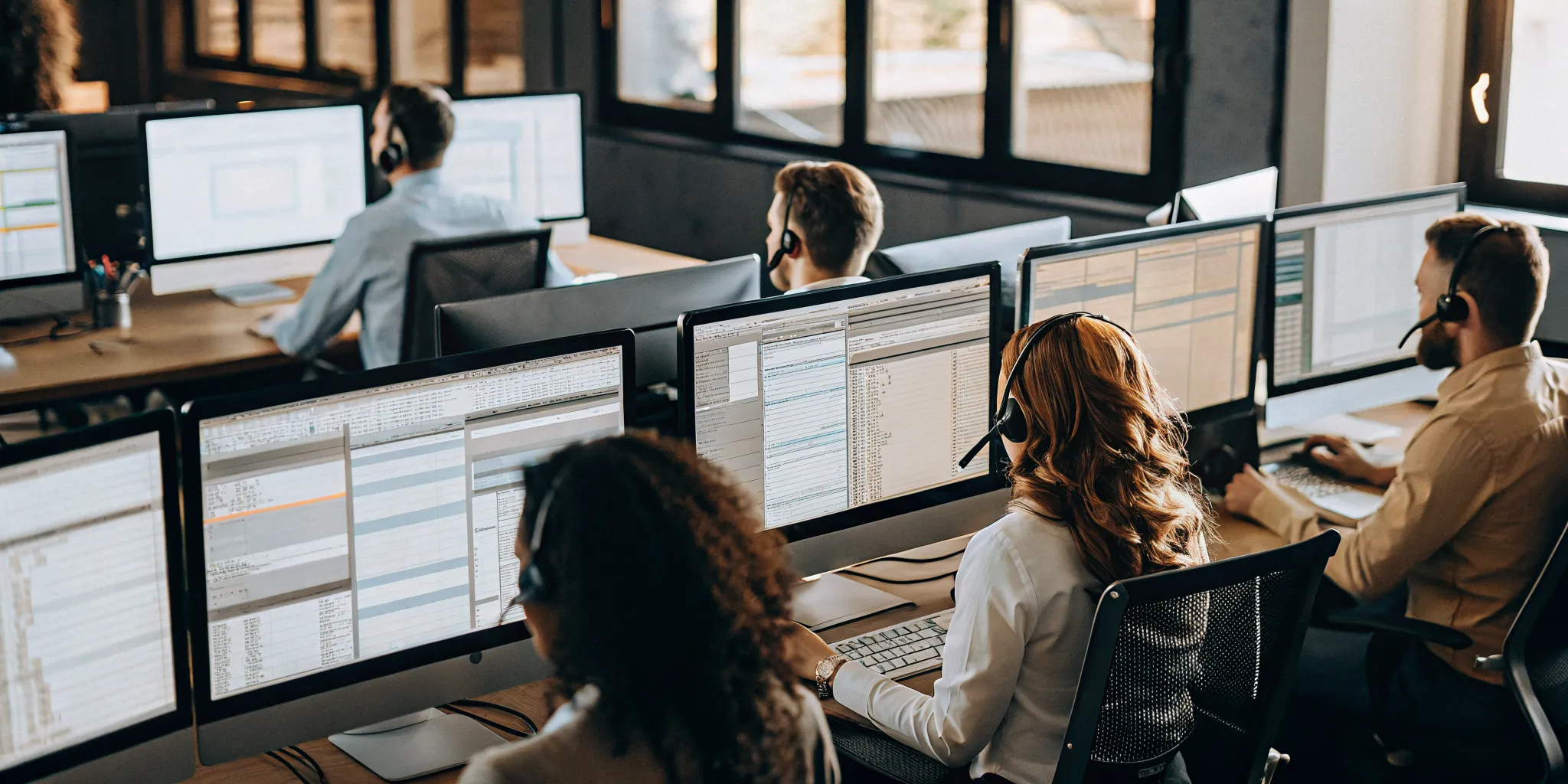 Contact center agents using a knowledge base interface on their computer screens in a modern office setting