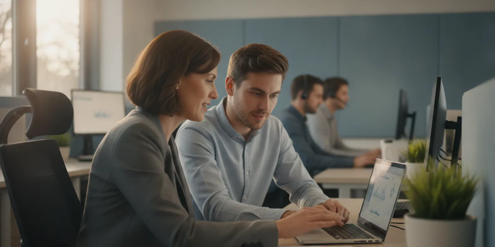 A contact center supervisor and agent reviewing a learning and coaching plan together