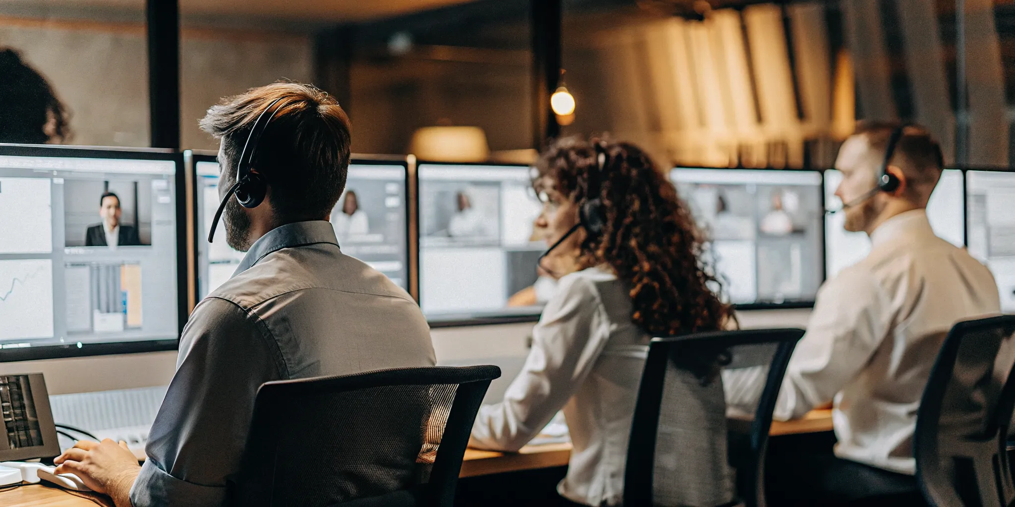 Modern contact center agents working with multiple communication channels on screens