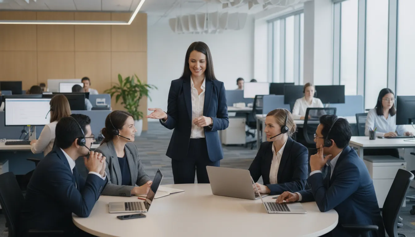 Contact center operations leader and agents collaborating to unify quality assurance across channels