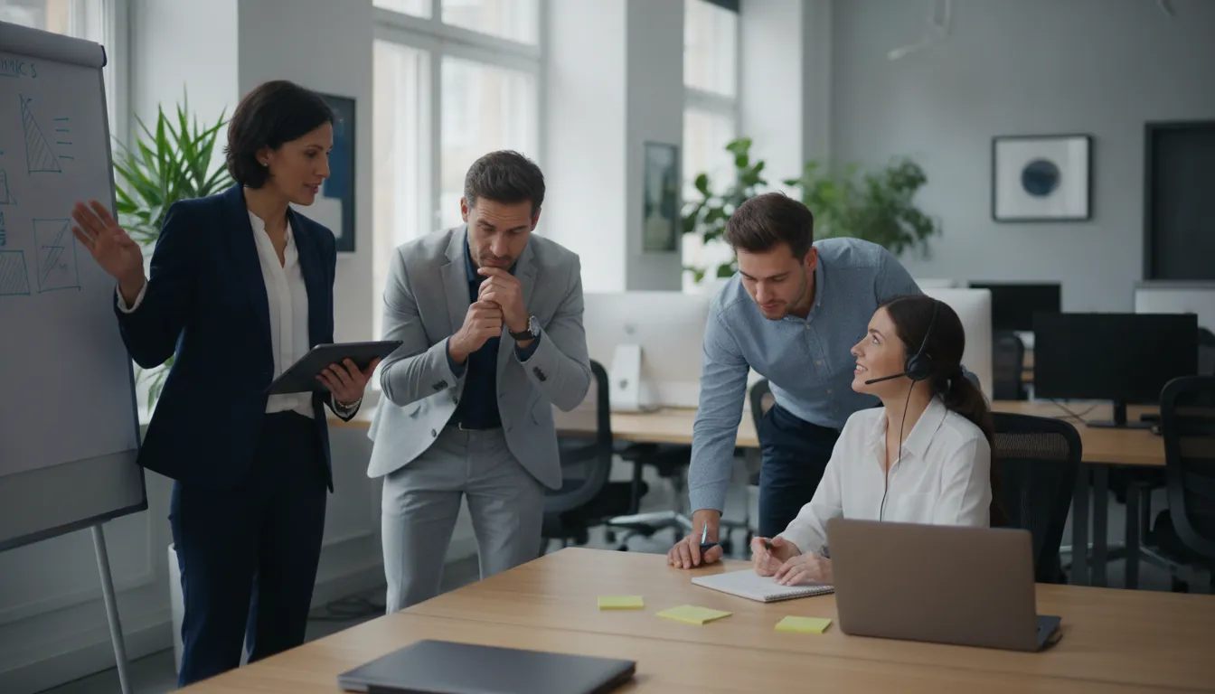 Contact center operations leaders reviewing team performance and coaching in a modern office