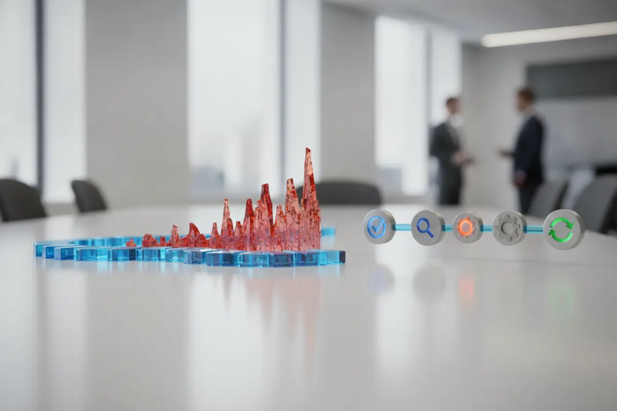 Quality trend visualization showing comparable review periods, a changing pattern, and an investigation-to-follow-up workflow