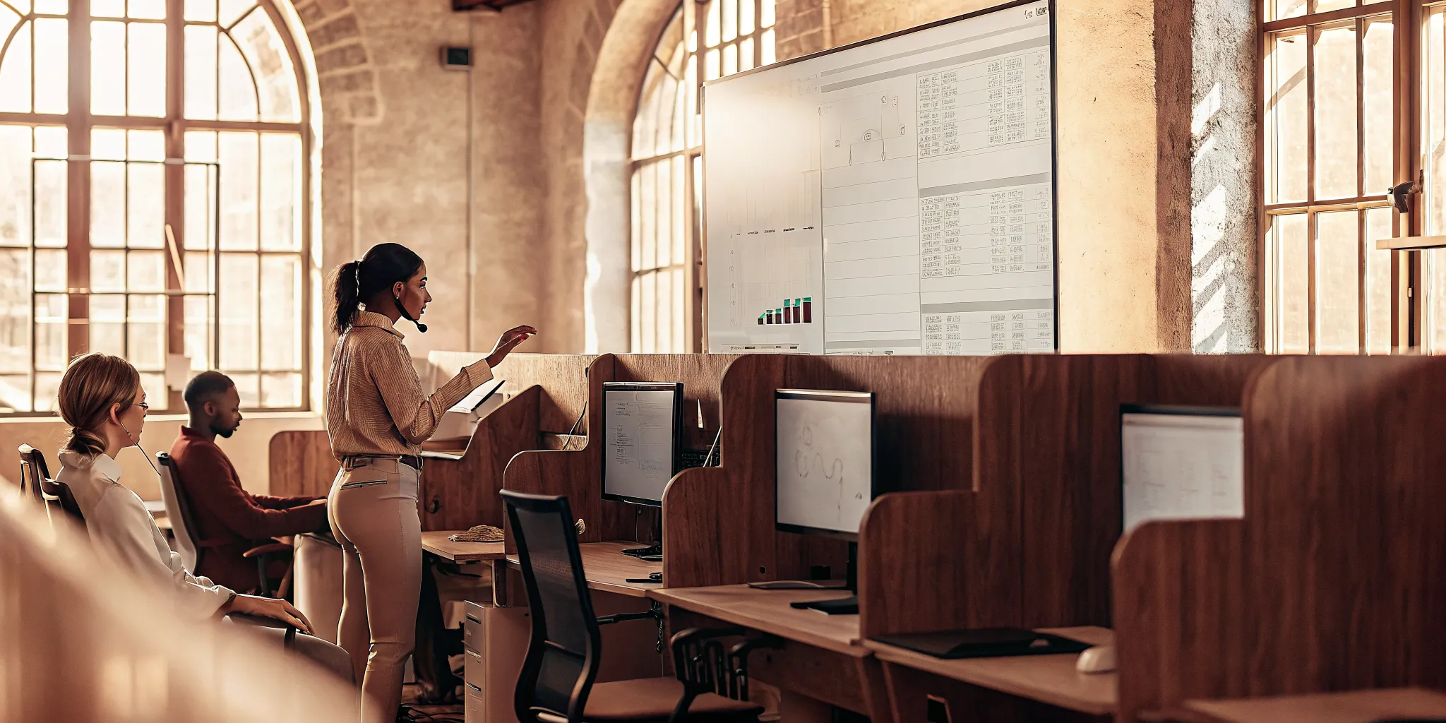 Call center quality assurance professional reviewing analytics on a modern dashboard with integrated performance metrics