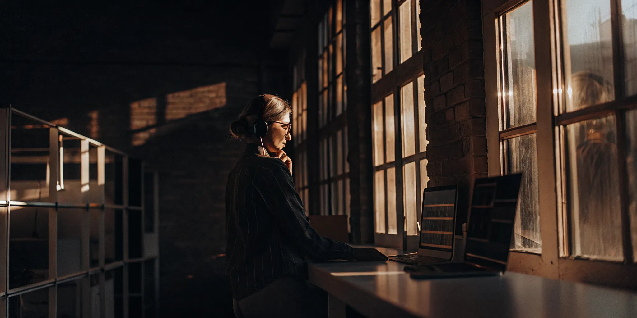 Customer service agent with a headset reviews first call resolution survey questions on a laptop.