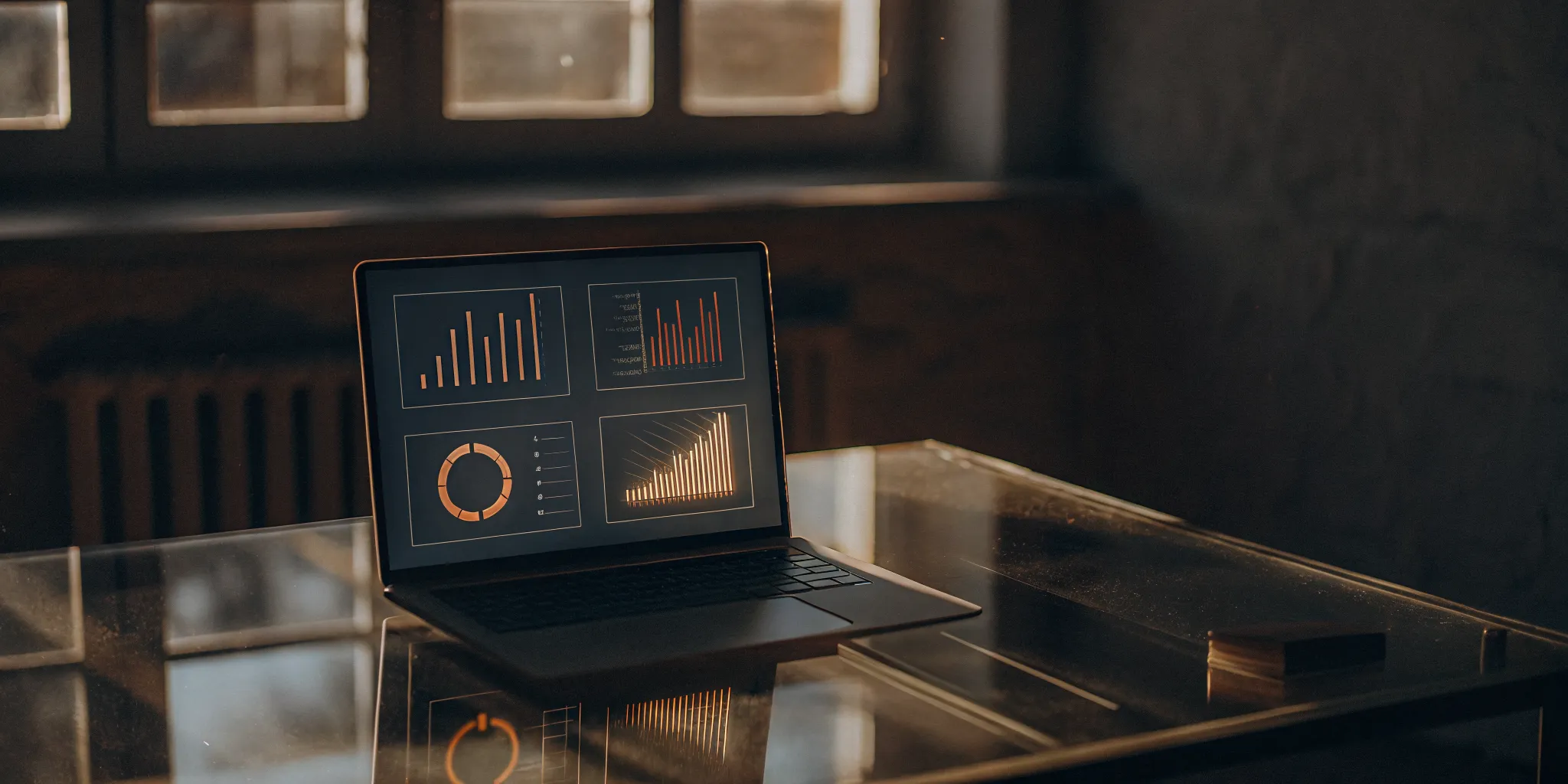 Laptop displaying insurance claims management software analytics and charts.