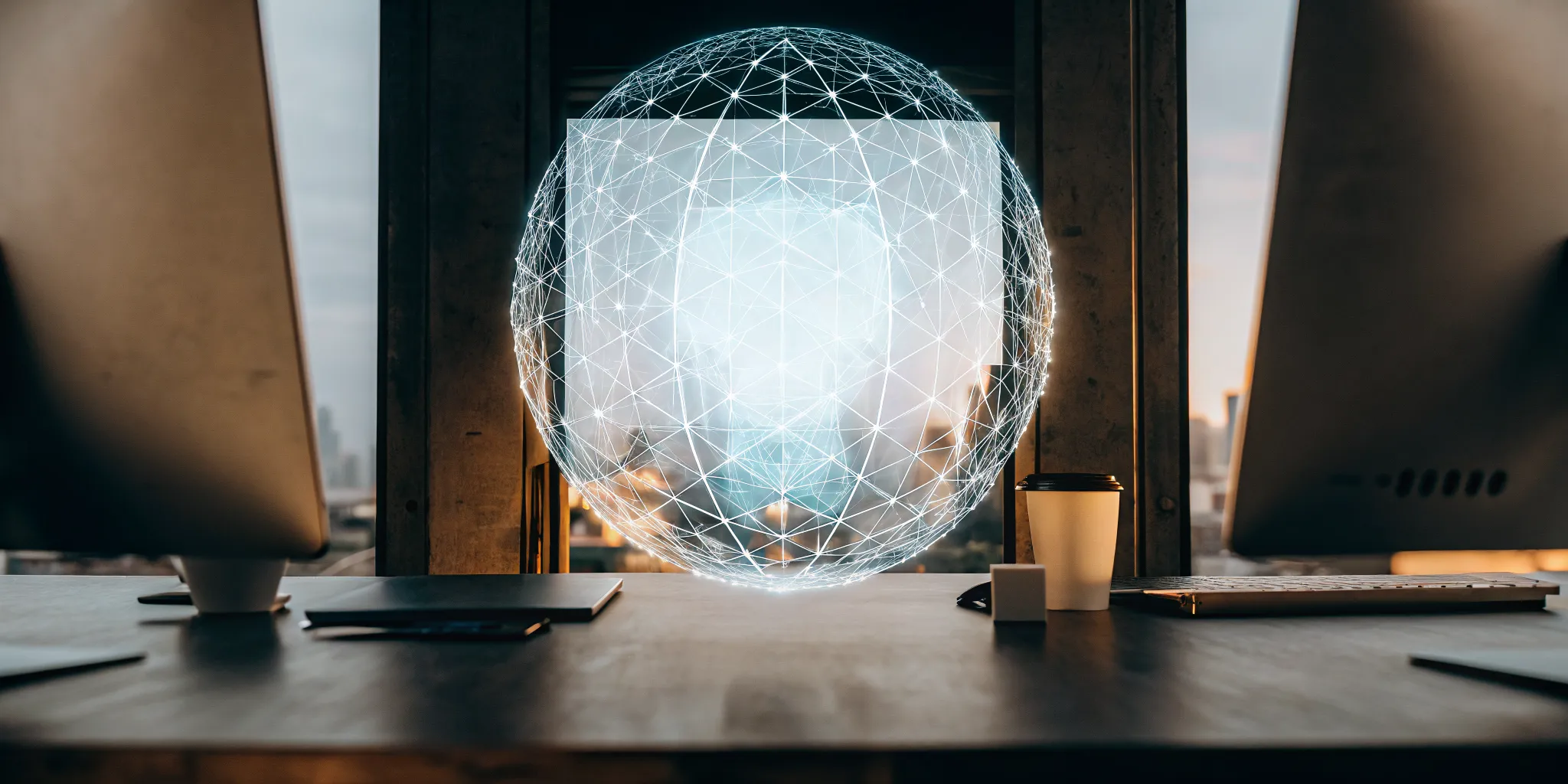 Futuristic workspace for a top contact center solution with a digital globe and network connections.