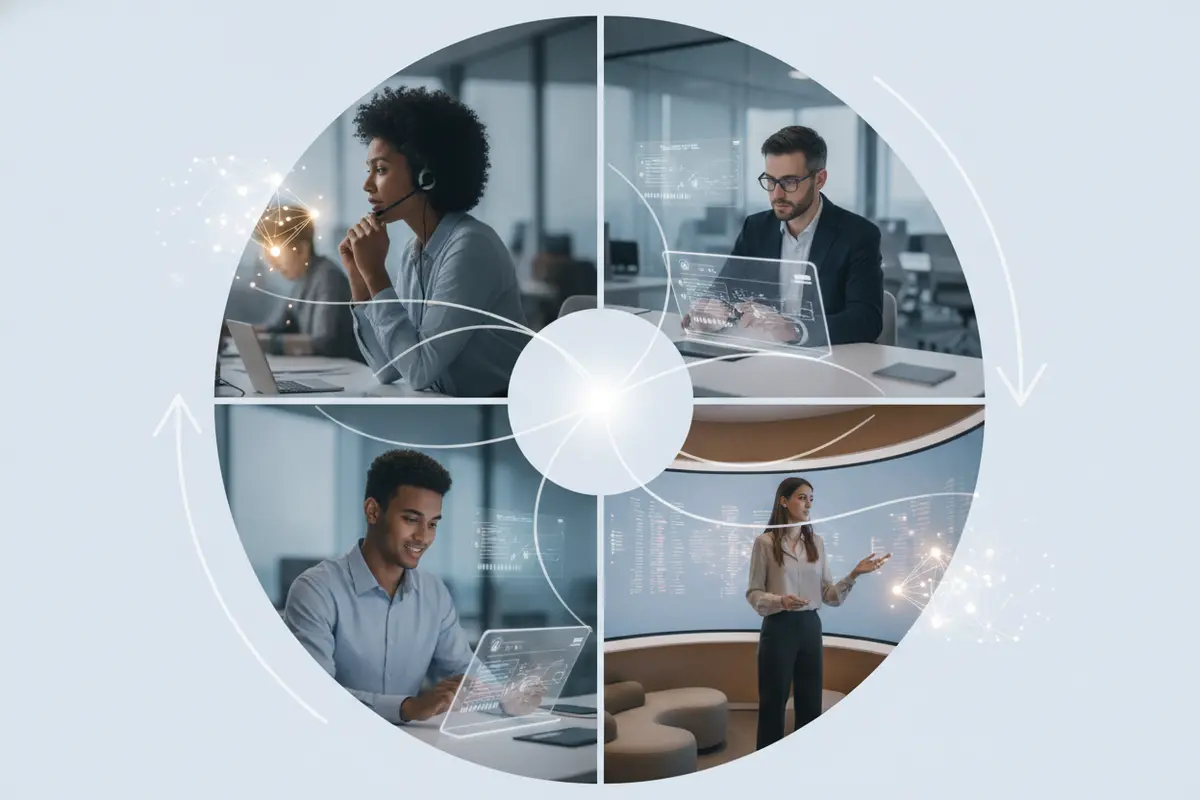 Visual cycle connecting agent questions, review, updated knowledge, and use in customer conversations