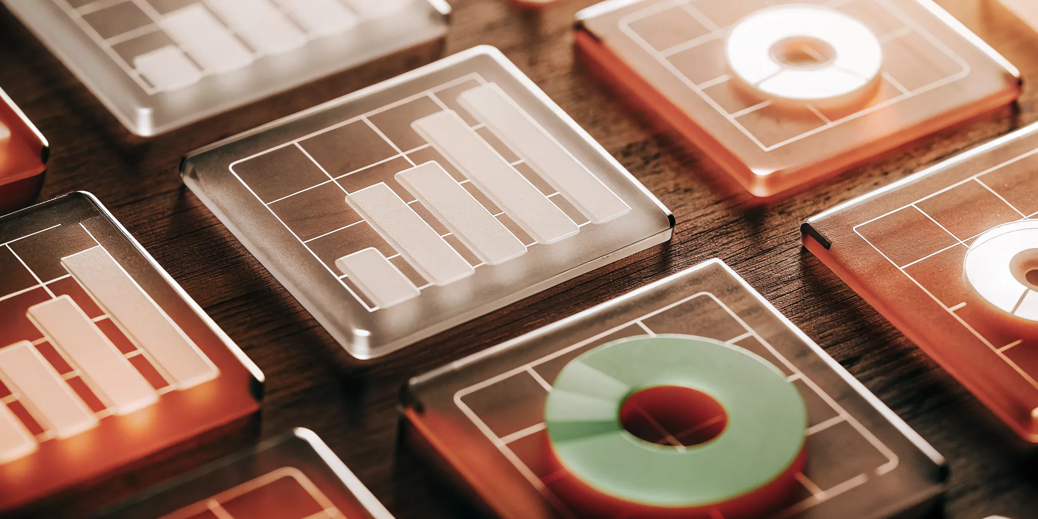 Technical performance measures visualized as data charts on glass blocks.