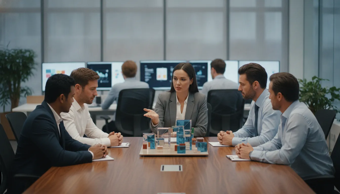 Insurance underwriting team collaborating in a modern office