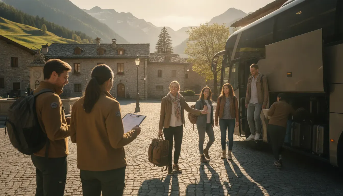 Tour guide and travelers preparing to board a multi-day tour coach
