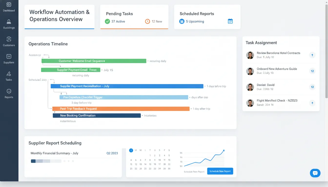 Tour operator automation dashboard showing workflow scheduling and operations management tools