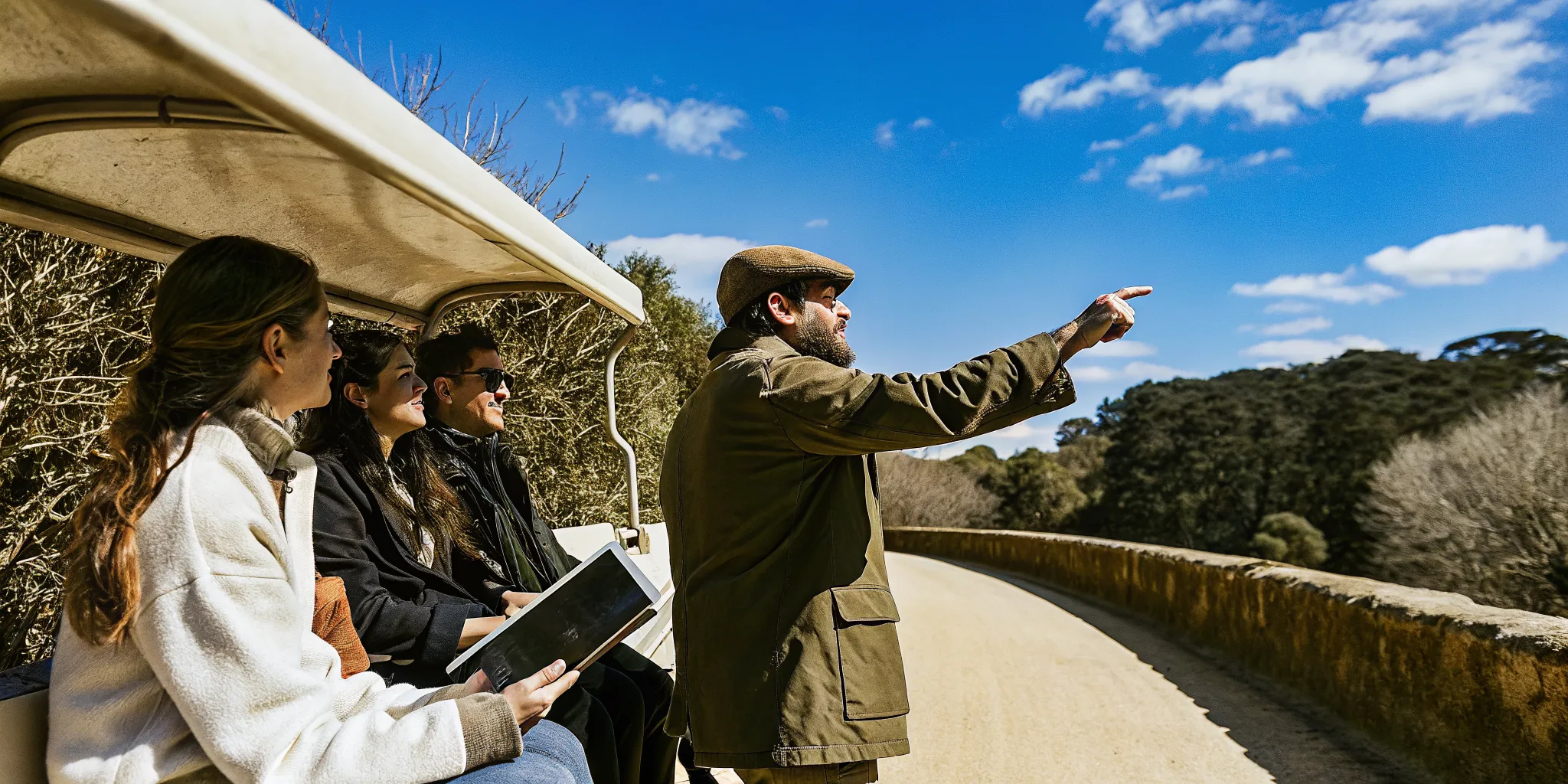 Tour guide using tablet to manage tour itinerary with group of travelers on a scenic outdoor excursion