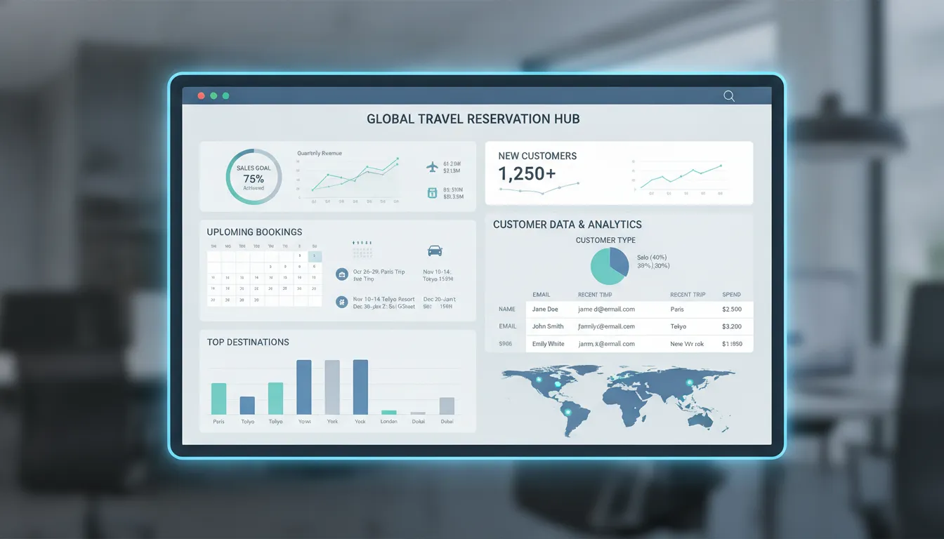 Integrated travel reservation system showing reservation dashboard and CRM logs