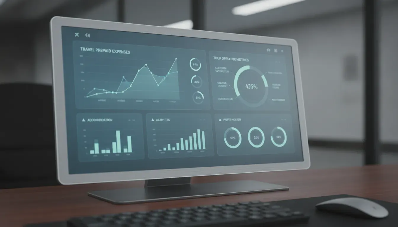 A professional close-up of a modern financial ledger dashboard showing travel prepaid expenses and tour operator metrics