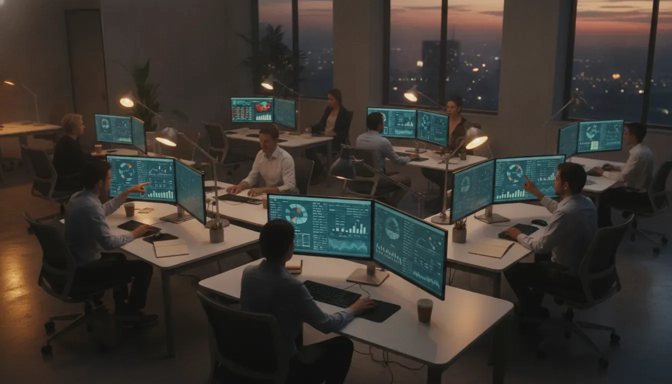 Travel agency financial team analyzing tour operator reservation data on high-definition monitors
