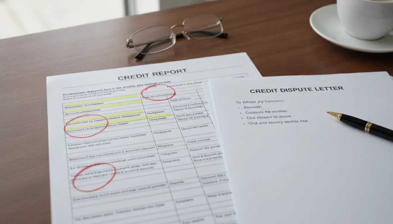 Credit report document with disputed items highlighted and circled next to a dispute letter