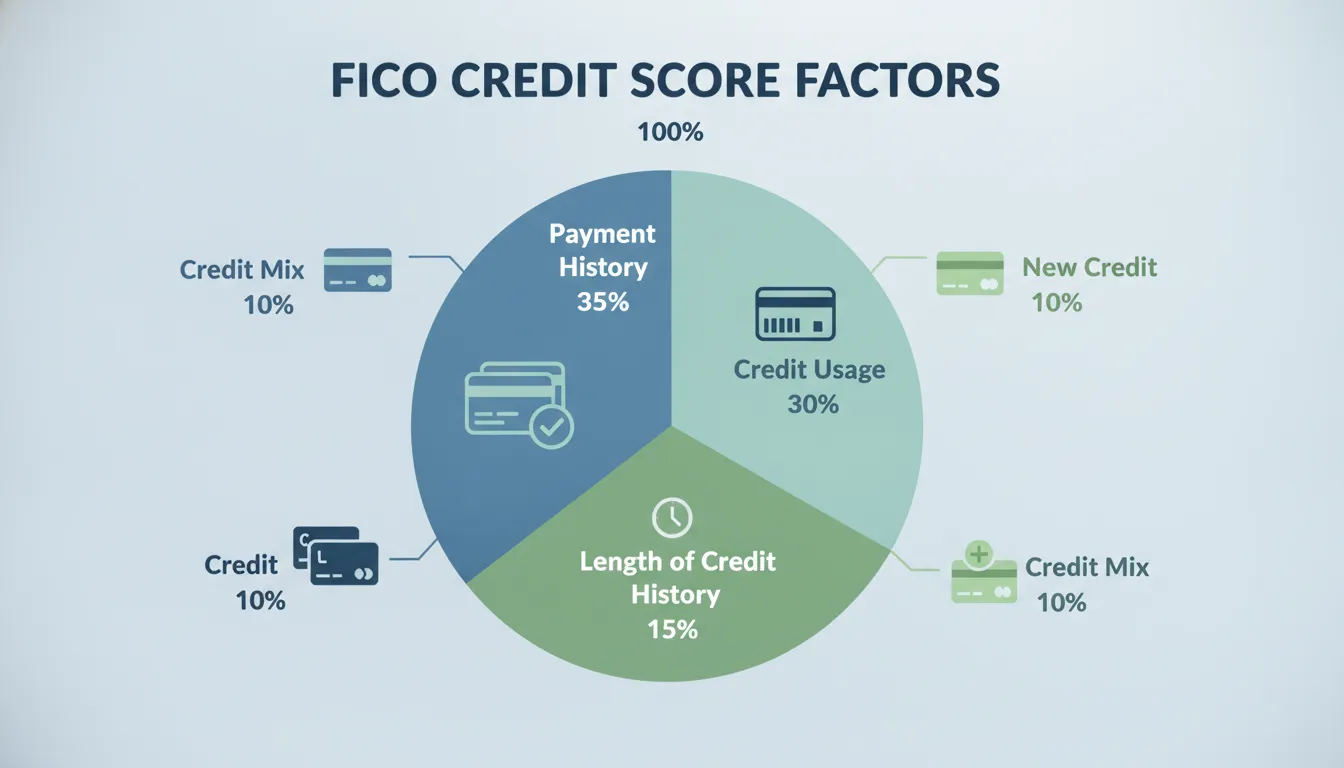 Pie chart showing the five FICO credit score factors with percentage weights for payment history, credit usage, length of credit history, credit mix, and new credit
