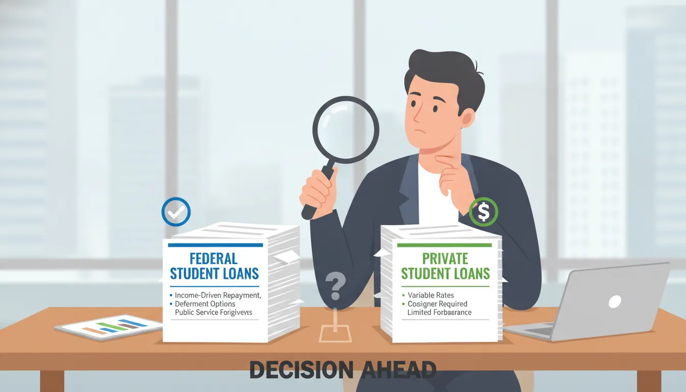 Comparison of federal and private student loan documents with credit score indicators