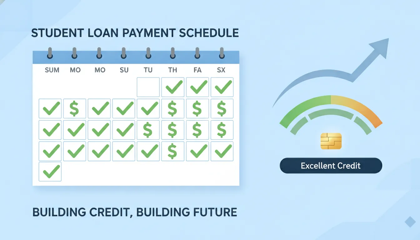 Calendar showing on-time student loan payment schedule with checkmarks for credit building