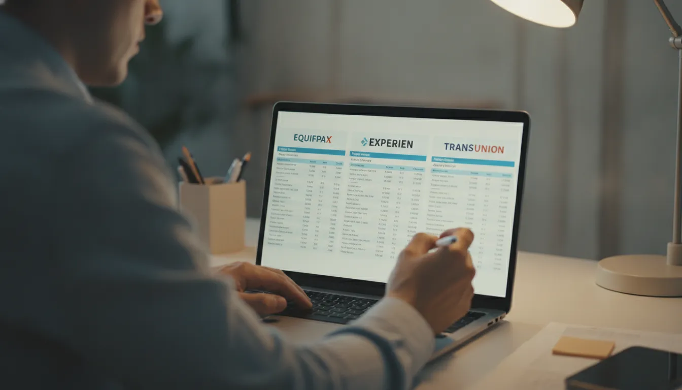 Screenshots of Equifax, Experian, and TransUnion dispute portals displayed side by side