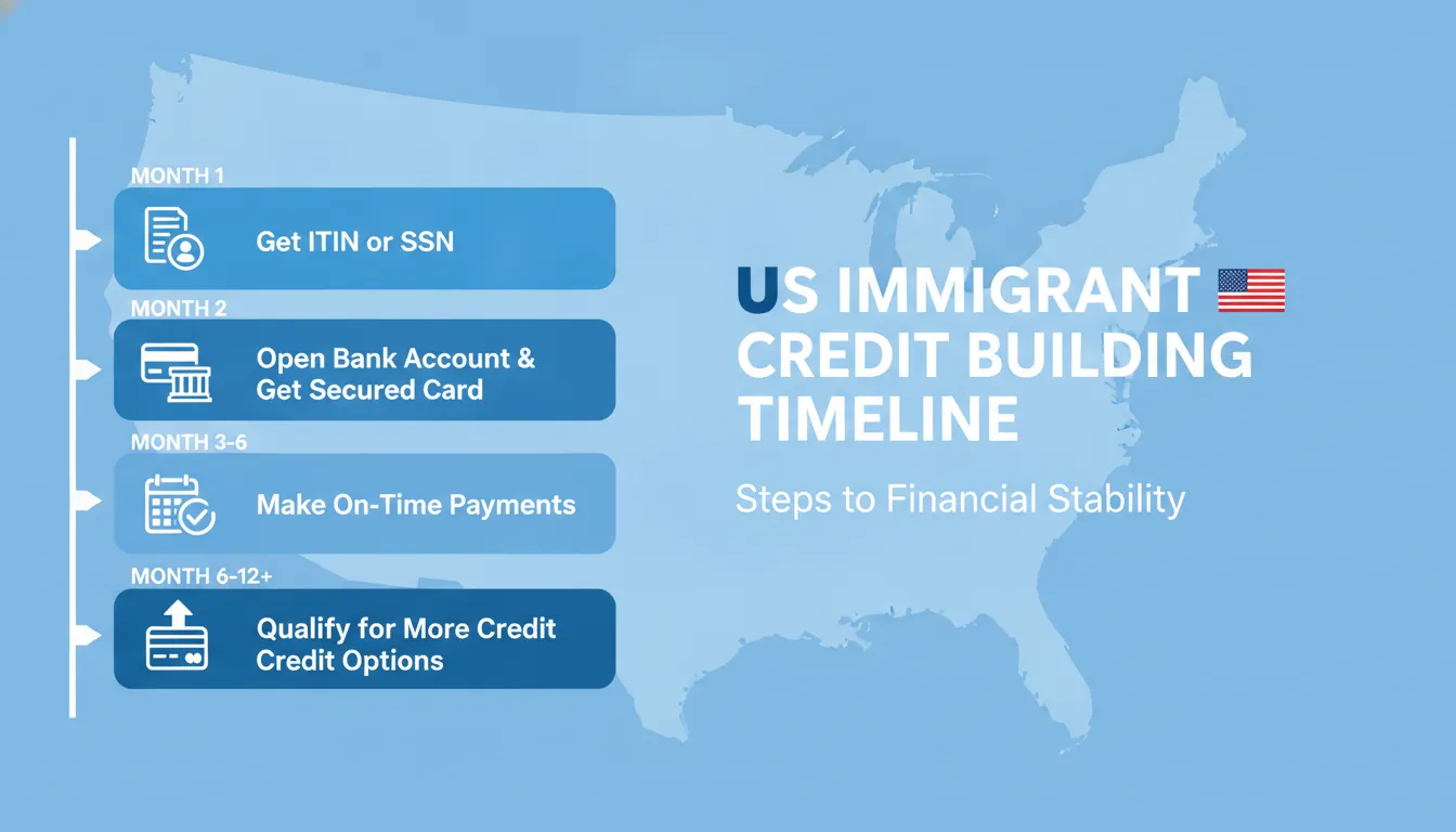 Step-by-step credit building timeline for a new US immigrant showing milestones from ITIN application through first secured card to qualifying for standard credit products
