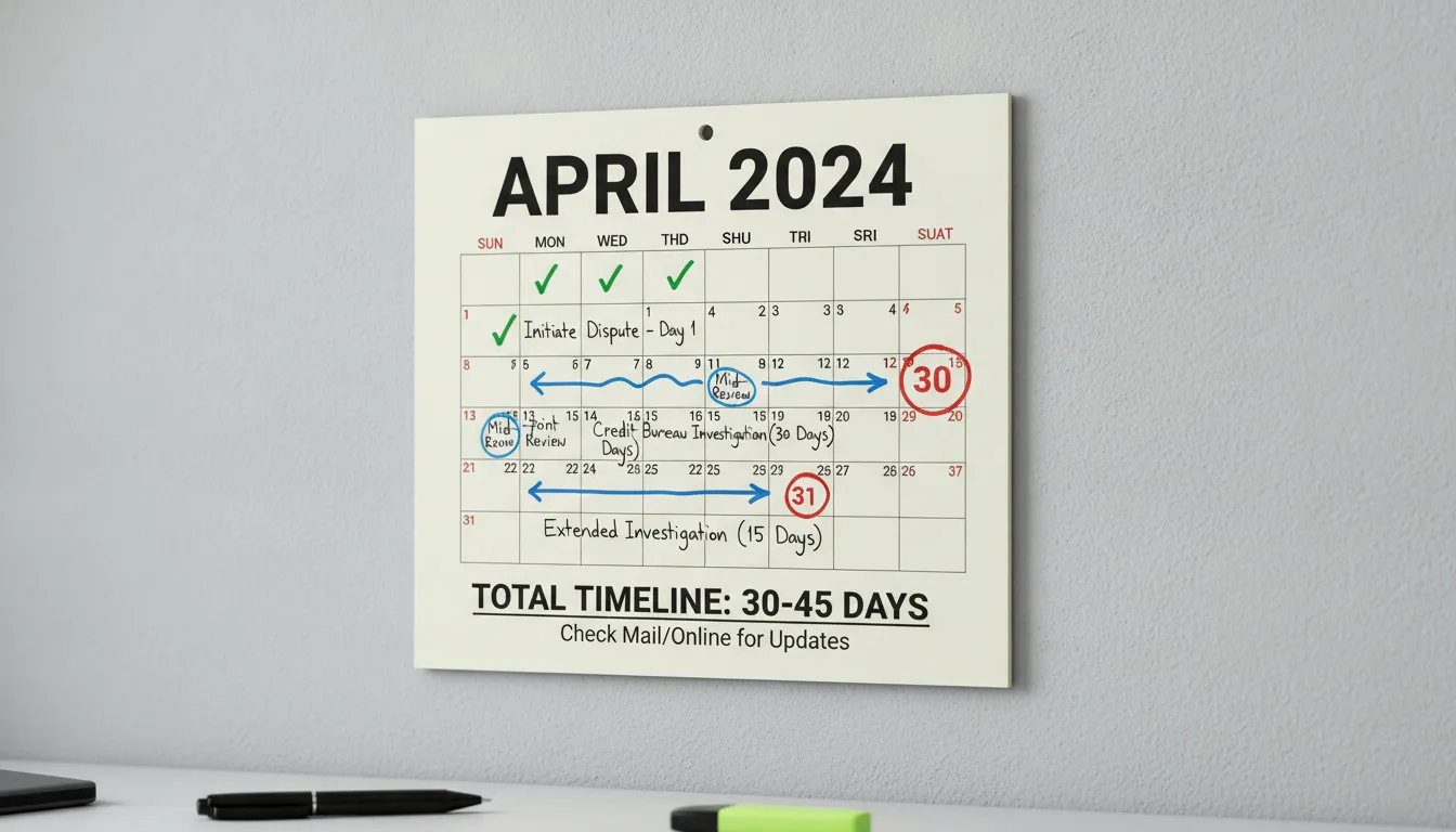 Timeline graphic showing the 30 to 45 day credit dispute investigation window for all three bureaus