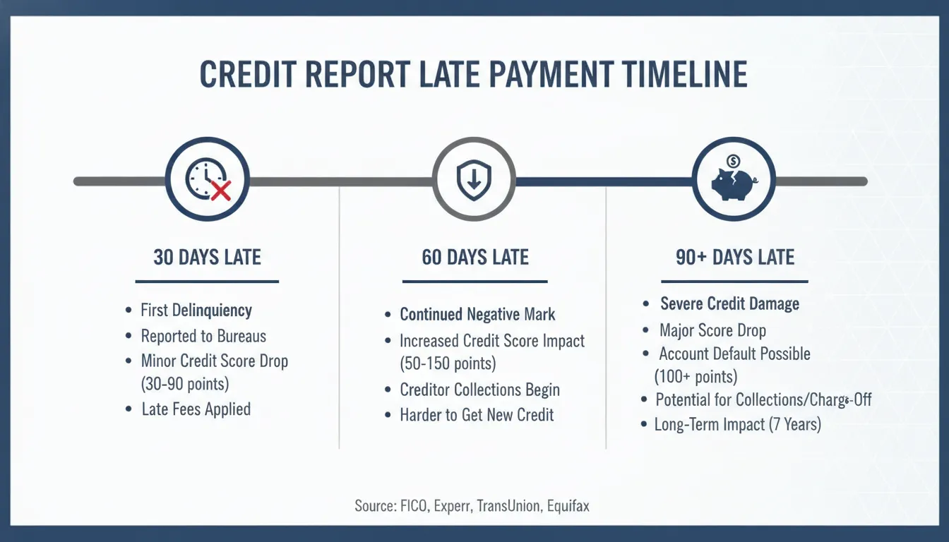 Credit report timeline showing 30-60-90 day late payment tiers and their impact on credit scores