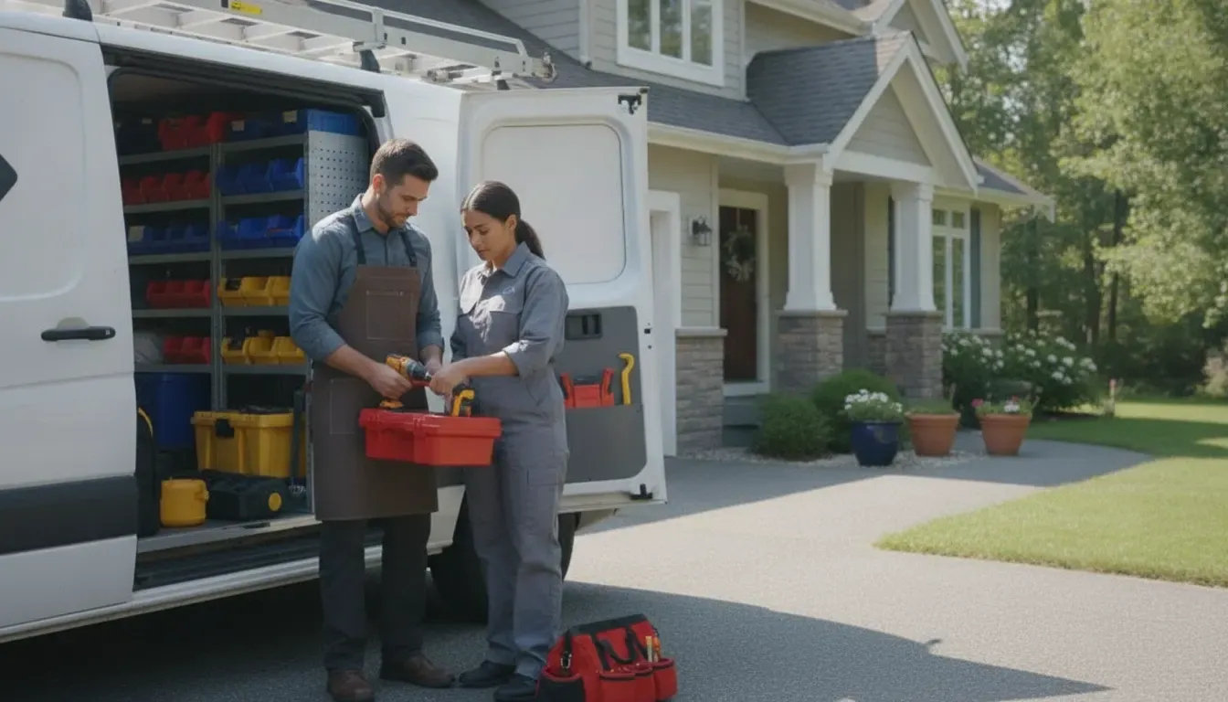 Handyman business owner and technician organizing tools for a professional service operation