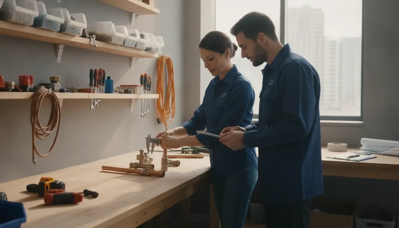 Handyman business owner and technician reviewing job materials and labor time