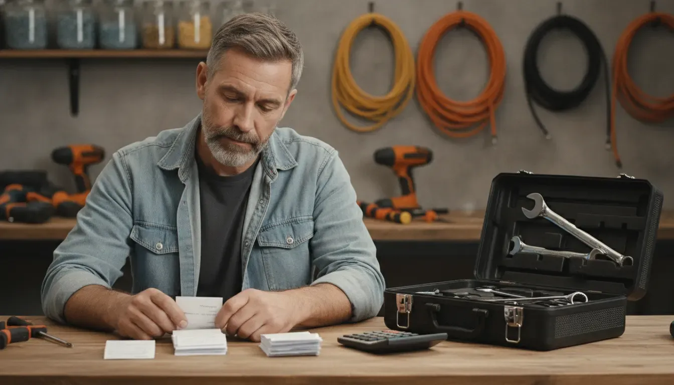 Handyman business owner organizing receipts during a monthly bookkeeping review