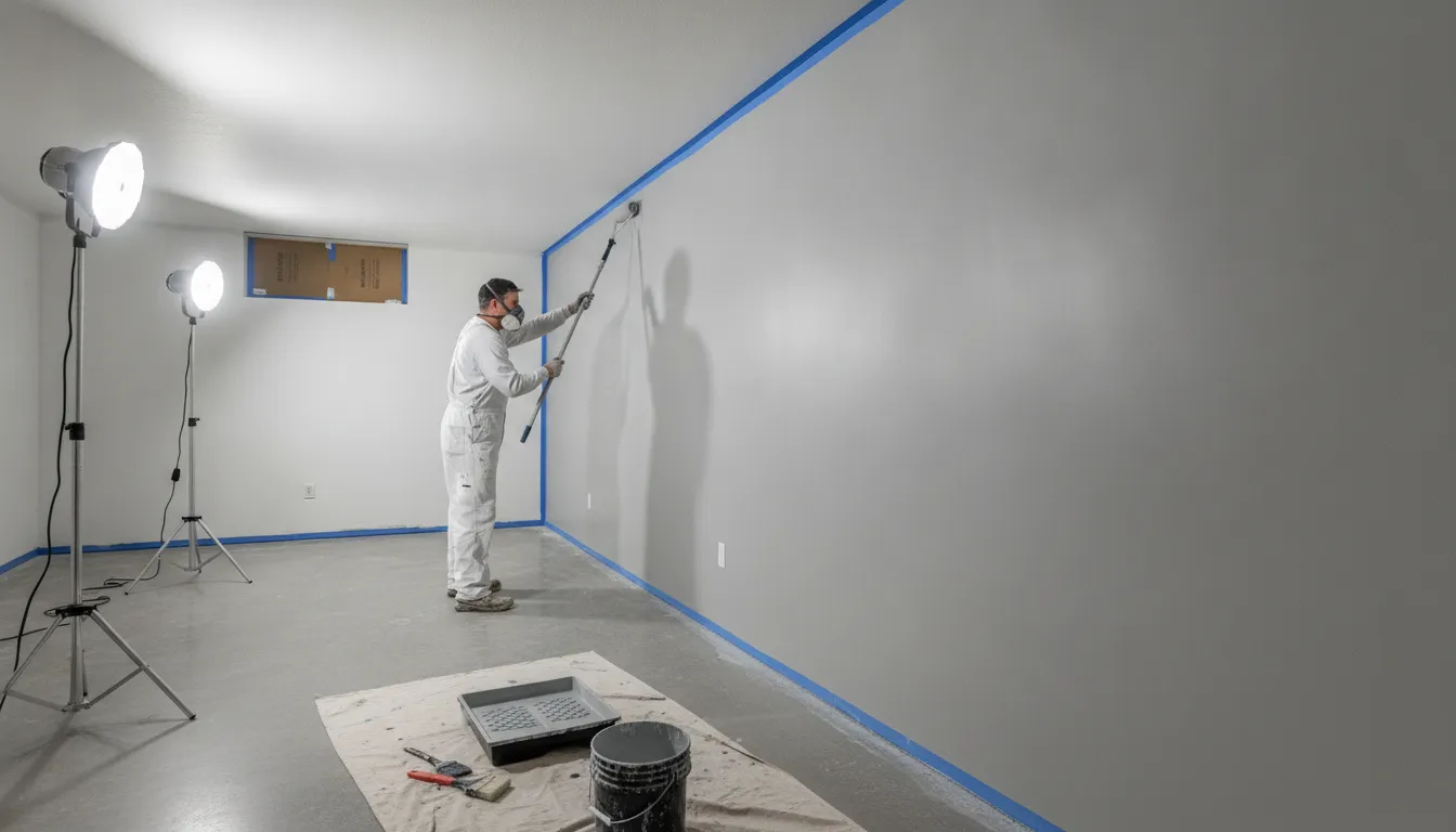 Painter applying a coating to a clean concrete basement wall