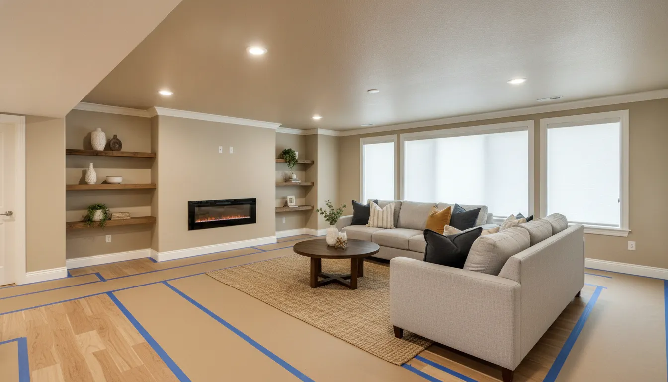 Finished basement with coordinated painted ceiling trim and walls