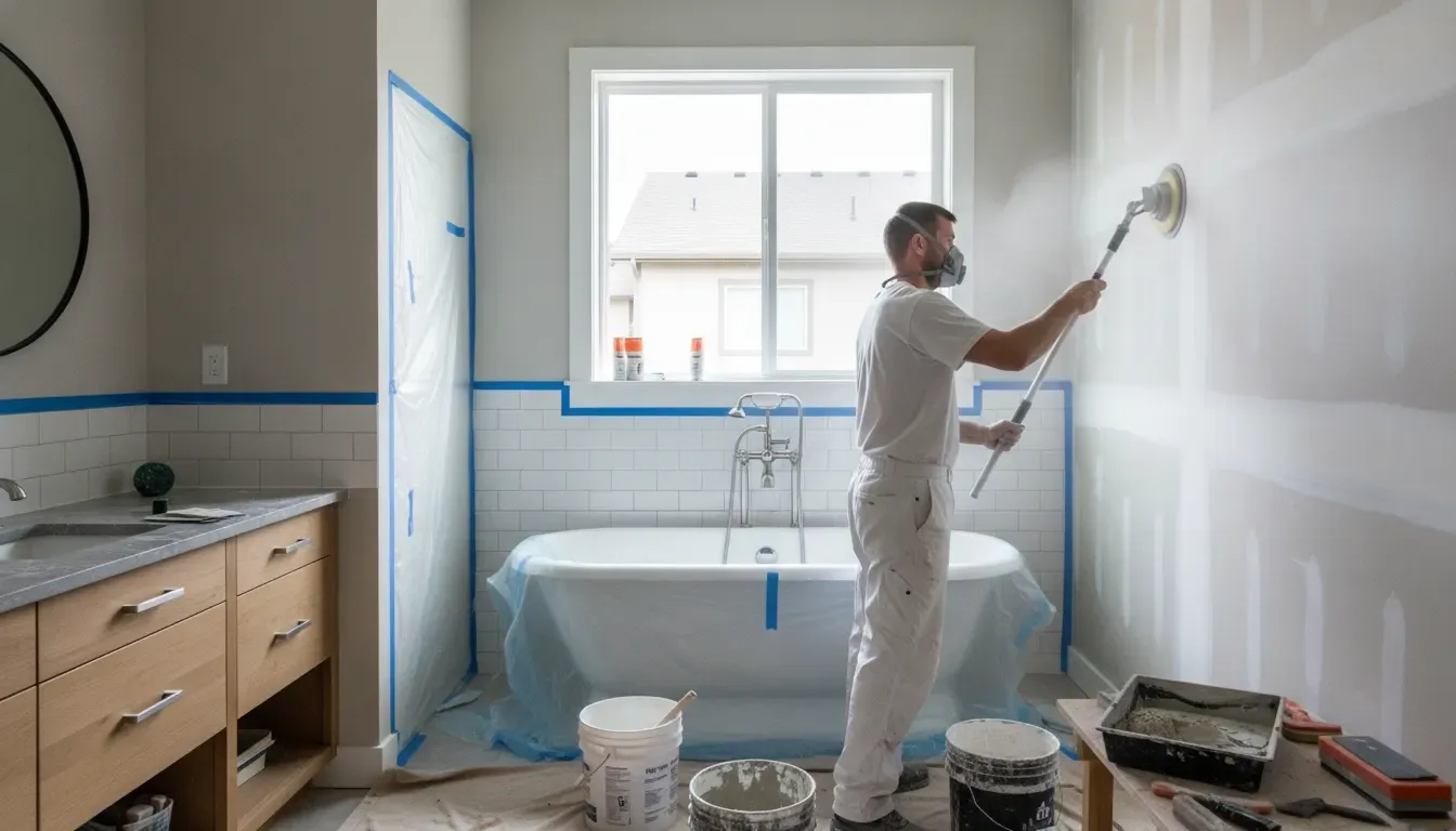 Professional preparing Boise bathroom walls for moisture-resistant paint