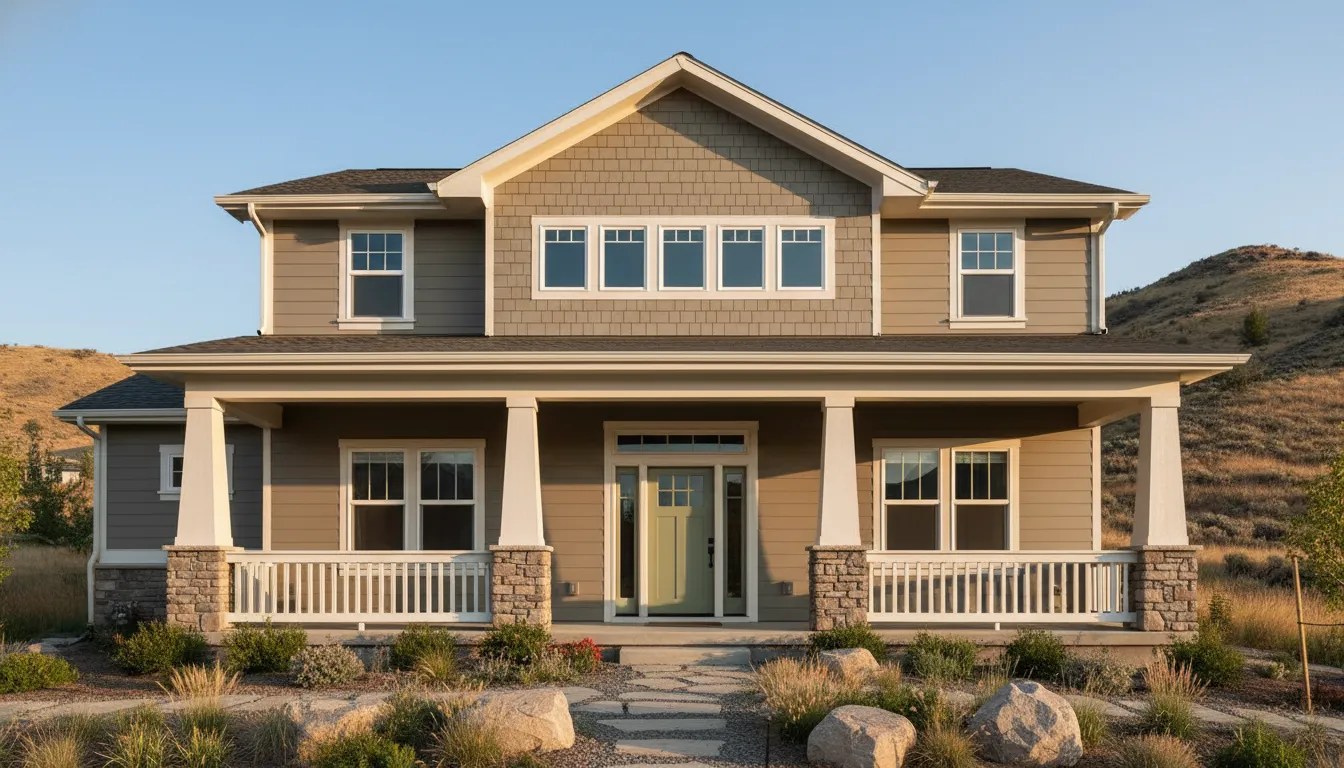 Warm greige Boise home exterior with white trim and sage green front door