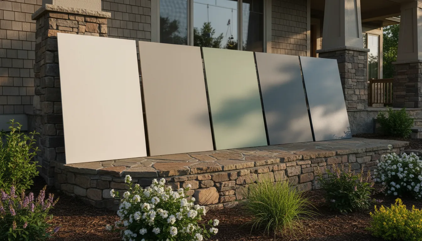 Large exterior paint sample boards in warm white, greige, sage, and charcoal