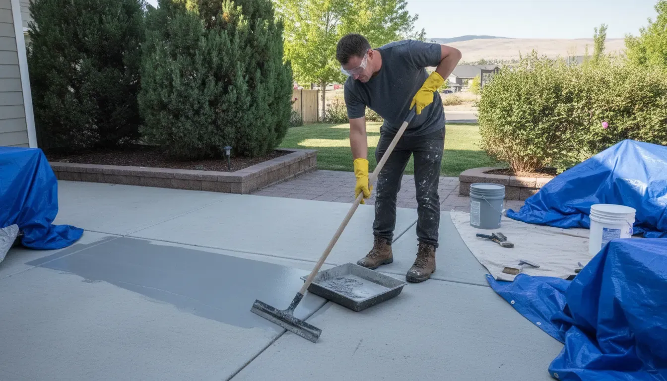 Painter applying a new coating to prepared concrete after residue removal