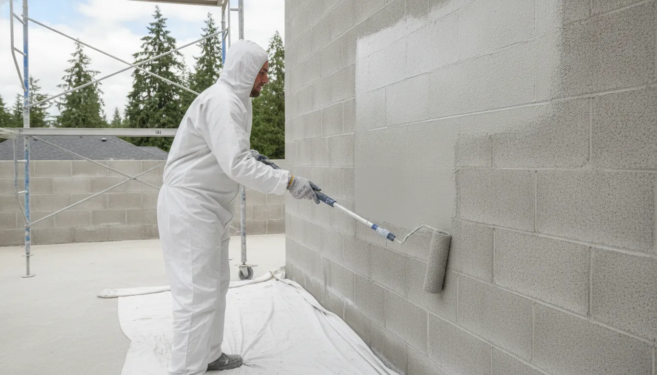 Painter applying masonry coating in controlled passes across a textured concrete block wall