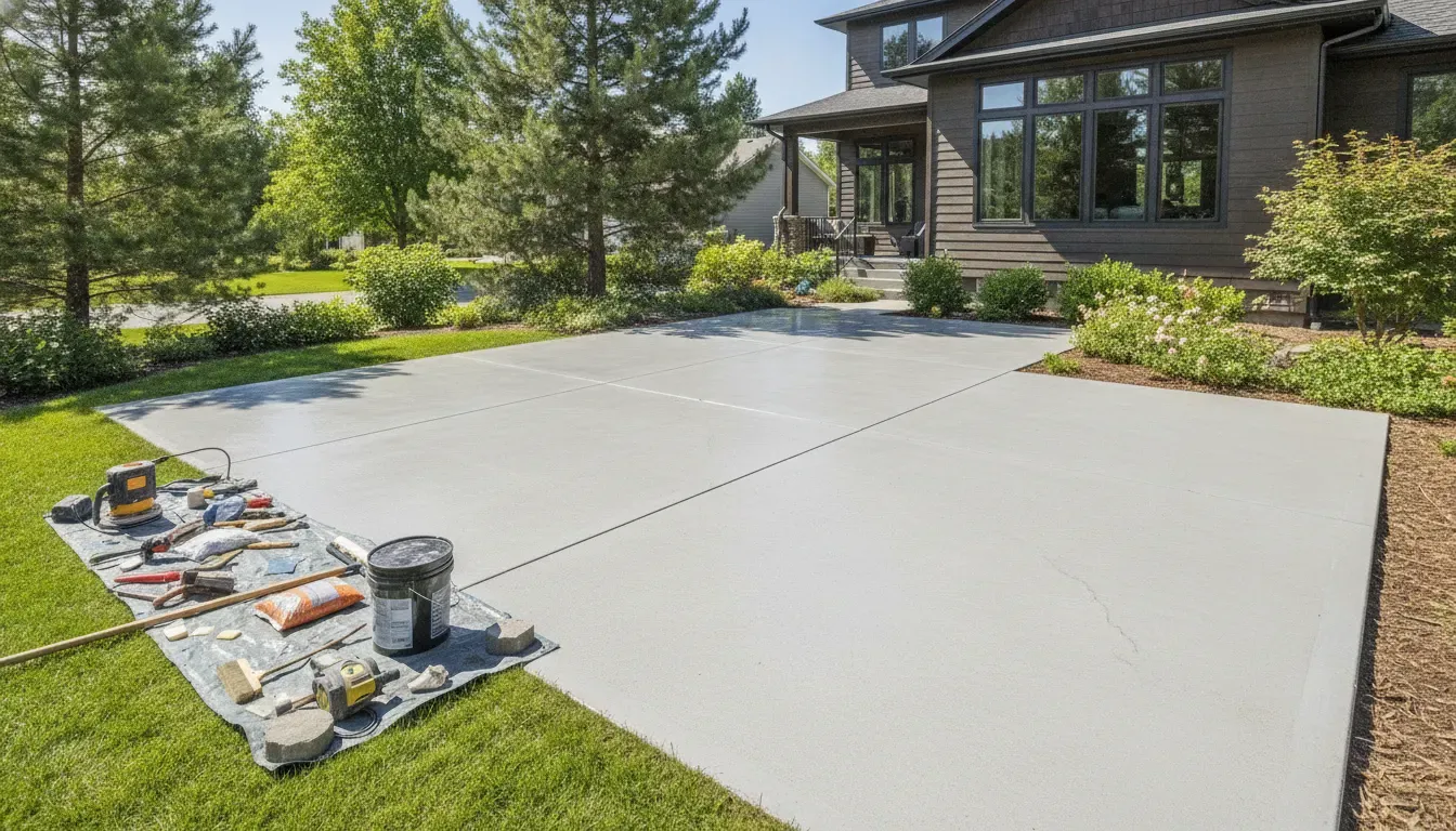 Cleaned and repaired concrete patio prepared for painting in Boise