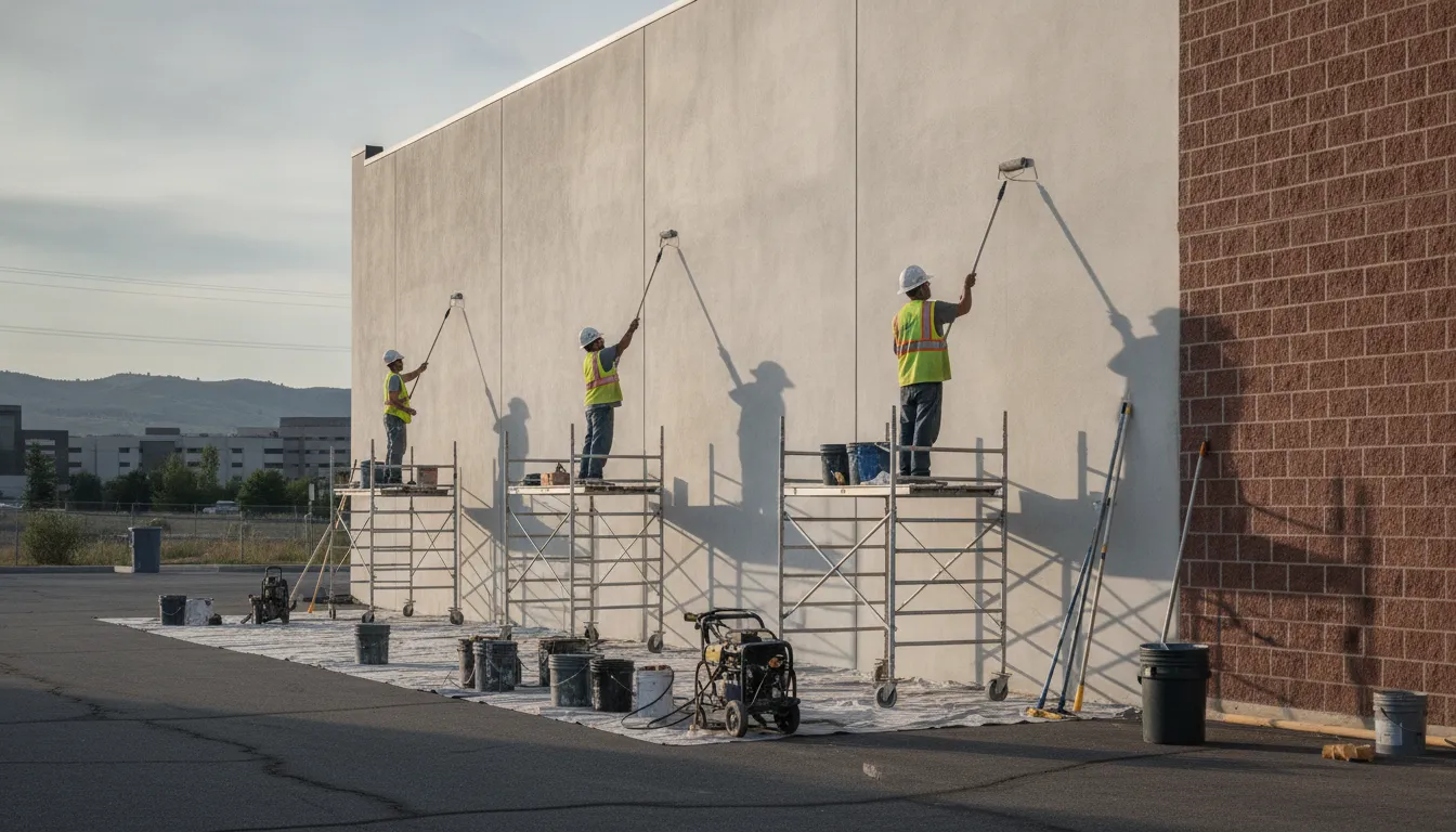 Professional painter preparing a large concrete wall near Boise