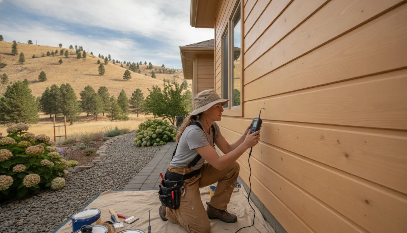 Painter checking dry siding after power washing before painting