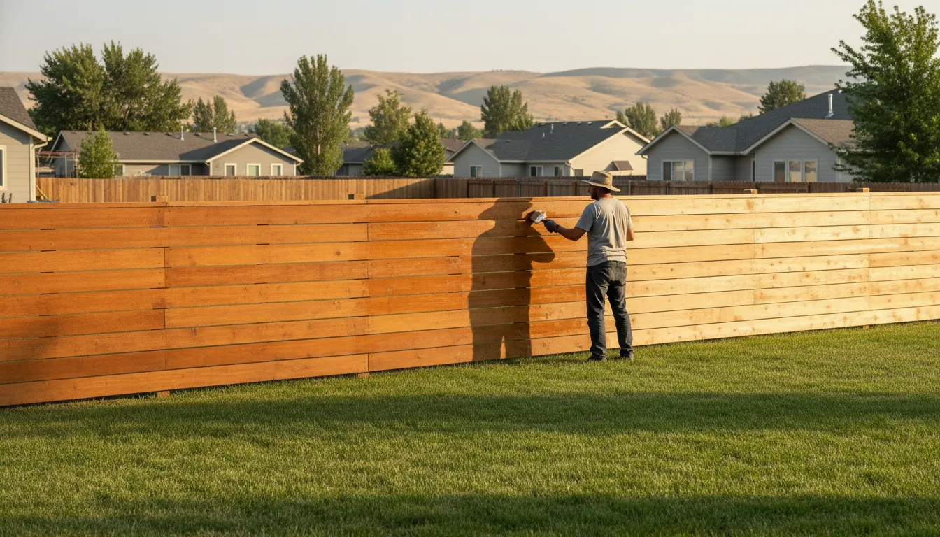 Contractor applying stain to a cedar fence during a Boise fence staining project